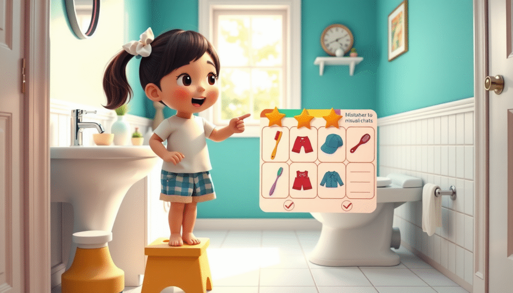 girl stand an stool in the bathroom start morning routine for kids.